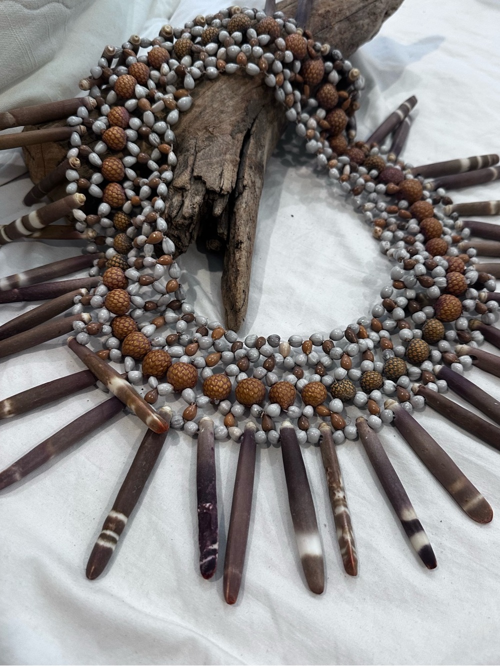 Tribal Style Urchin Spines Handcrafted Brown & Cream Sunburst Accent Necklace
